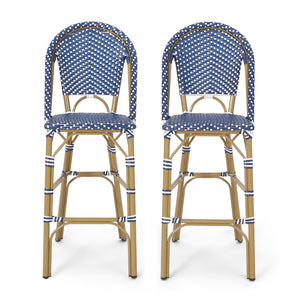 English Elm Christopher Knight Home® - 29.5" Outdoor PE Rattan French Barstool with Bamboo-Print Aluminum Frame, Durable Wicker Cafe Charm Teal Blue,White 71422.00DT