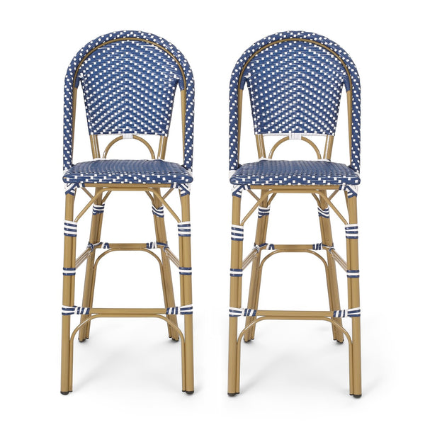 English Elm Christopher Knight Home® - 29.5" Outdoor PE Rattan French Barstool with Bamboo-Print Aluminum Frame, Durable Wicker Cafe Charm Teal Blue,White 71422.00DT