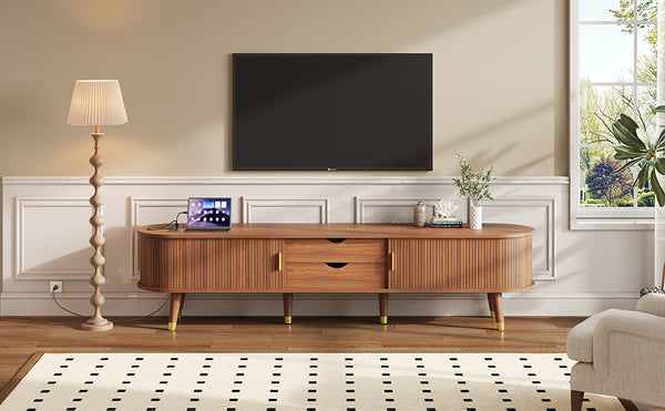 English Elm [Assembly Wooden Oval Fluted TV Stand with Charging Station, 74.8" Mid-Century Media Console w/ Sliding Door and Gold Accents Walnut N721P297567D