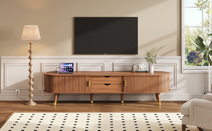 English Elm Wooden Fluted Tambour Media Console Mid Century Modern Tv Stand with Built in Charging Walnut N721P428444D