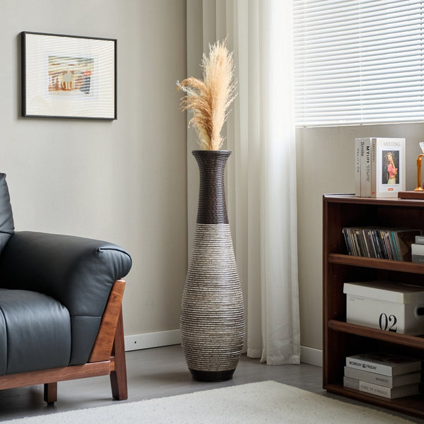 English Elm 39-Inch Tall Standing Designer Floor Vase with Brushed Gold Accents, Durable PVC Rattan Texture, Elegant Home Accent Black+ Gray W2796P193948