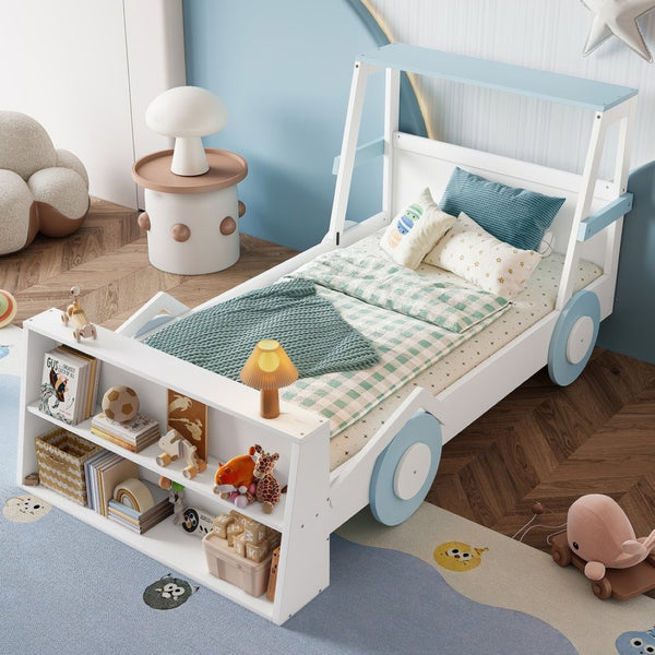 English Elm Twin Pine Treehouse Floor Bed with Padded Rails and Cabin Roofline for Kids White+Blue W1580S00470