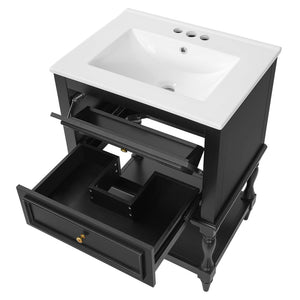English Elm 24'' Retro Bathroom Vanity Mdf Cabinet with Ceramic Sink Open Shelf and 2 Drawers Black N710P405414B