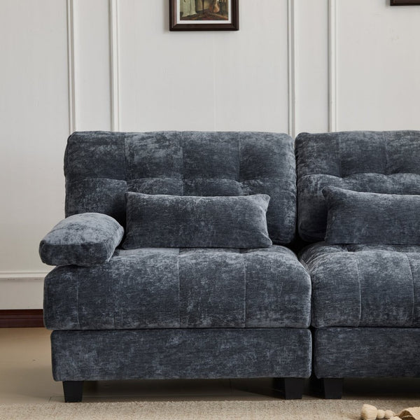 English Elm Ottoman and Chenille Sofa Set with Adjustable Backrest for Relaxed Living Room Comfort Blue W2606P359226