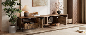 English Elm Mid Century Modern Tv Stand 79 Inch Wood Tone Console with Drawers for Living Room N710P401530P