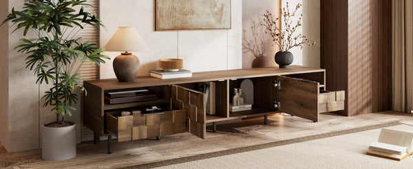 English Elm Mid Century Modern Tv Stand 79 Inch Wood Tone Console with Drawers for Living Room N710P401530P
