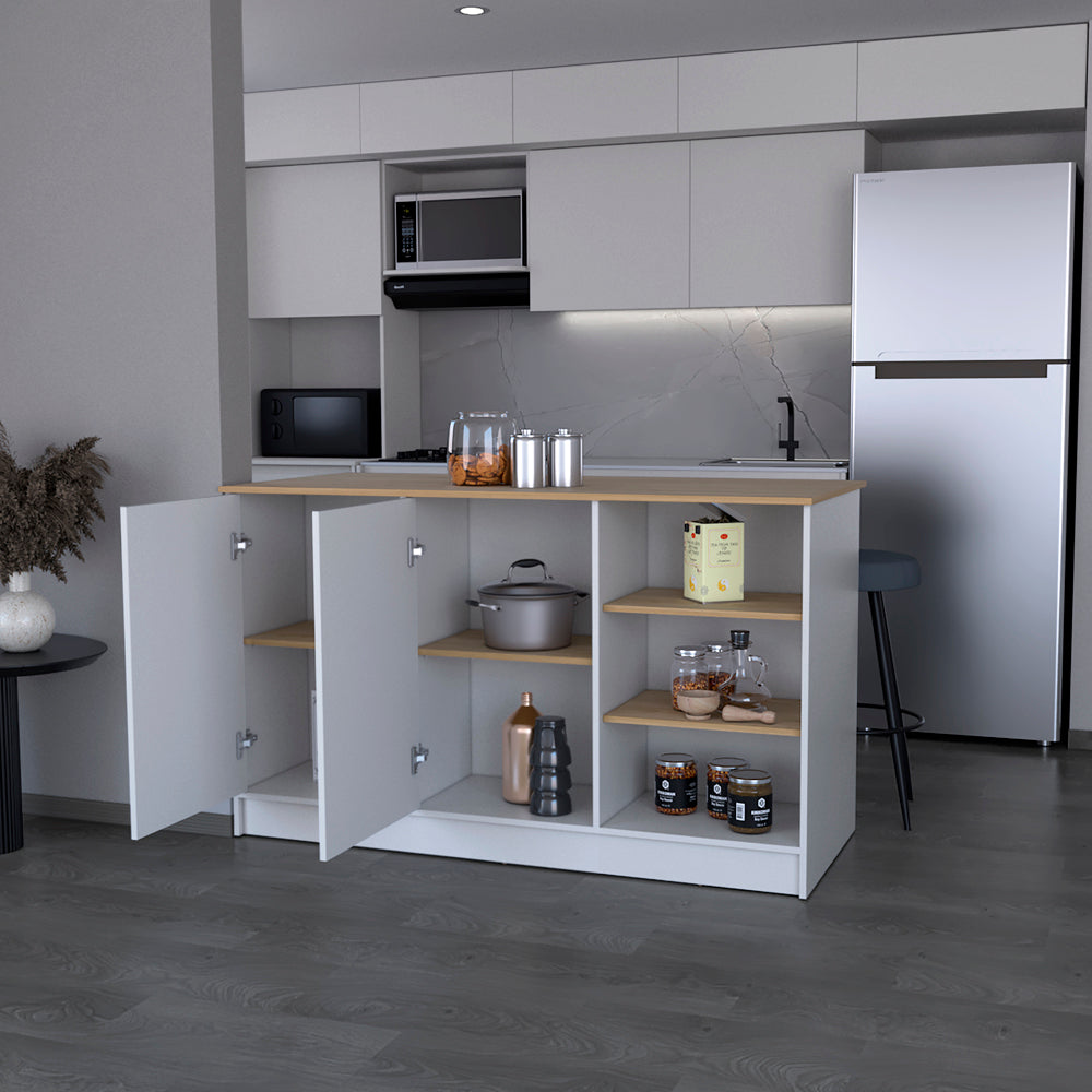 English Elm Kitchen Island Leoti White with European Ash Top, Engineered Wood, 2 Cabinets & Metal Handles, Durable B092S00268