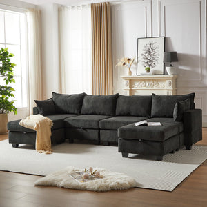 English Elm 113.5'' Modular Sectional Sofa with Storage Ottoman, Convertible U or L Shape Sleeper for 6 Seats Black W834S00250