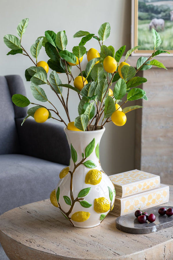 English Elm 9x9x13.5" Ceramic Vase with Bright Lemon & Vine Motif — White Round Centerpiece for Home Decor W2078P390430