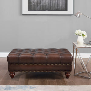 English Elm Alton Bay Leather Ottoman with Button-Tufted Chesterfield Detail, Rolled Arms, Solid Wood Bun Feet Elegance B2705P211740