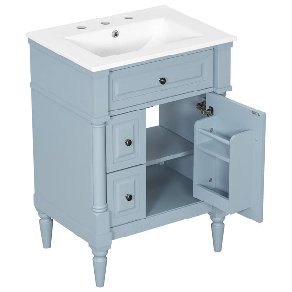 English Elm 24 Inch Freestanding Vanity with Ceramic Sink Rubberwood Frame Matte Finish Storage Blue+Grey N725P356058E