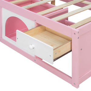 English Elm Full Size Kids Platform Bed with Led Lighting Bookshelf Display Cabinet and Storage Drawer Pink+White N820S00077H