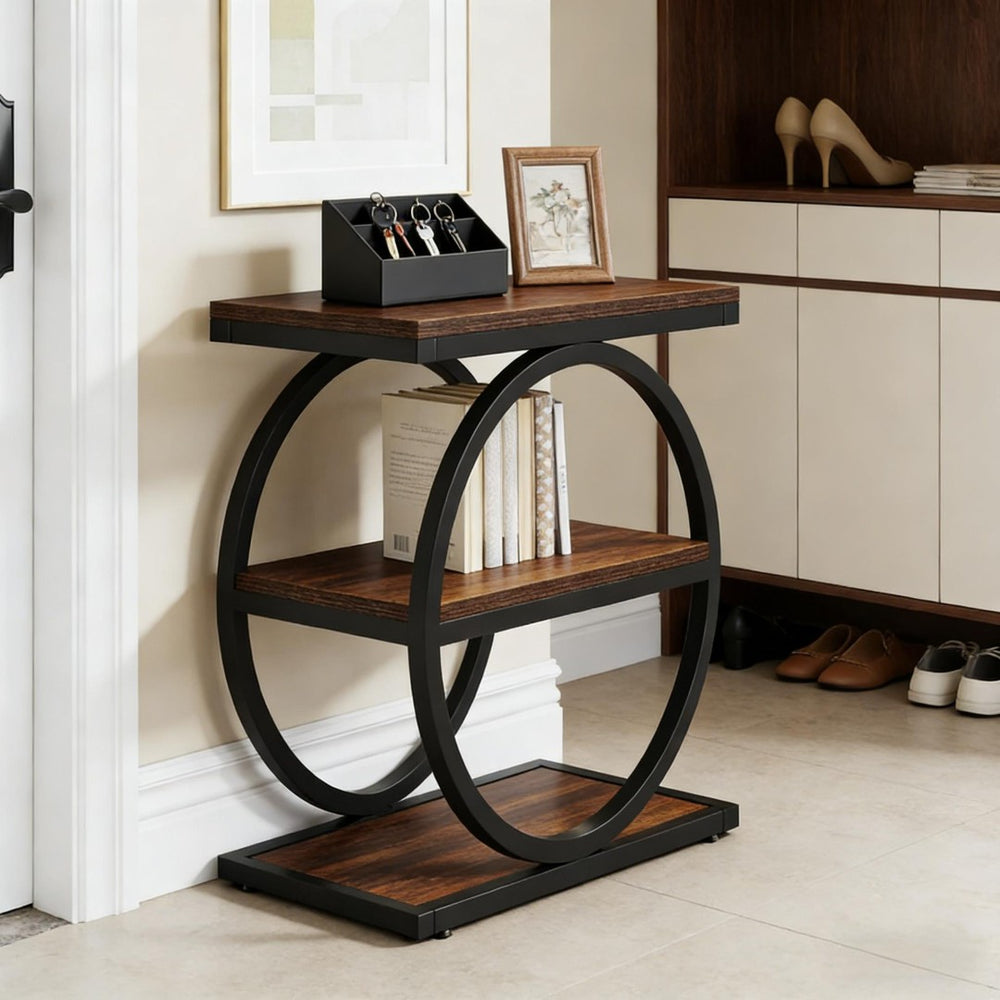English Elm Modern Two Tier End Table Black Metal Frame Wood Grain Surface for Living Room T3971P451267