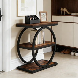 English Elm Modern Two Tier End Table Black Metal Frame Wood Grain Surface for Living Room T3971P451267