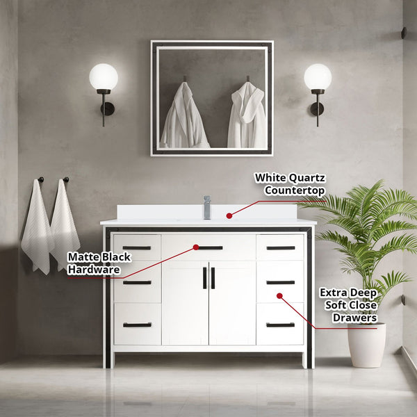 English Elm White 48" Bath Vanity with White Quartz Top, Chrome Faucet & 34" Mirror — Durable Scratch-Resist Finish B2731S01345