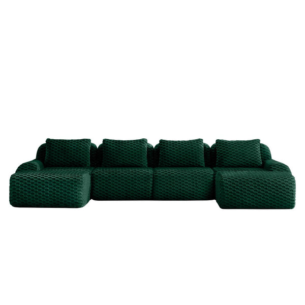 English Elm 146" U-shaped Modular Sectional Flannelette Sofa with Ottoman for Spacious Living Rooms Green W714S01530