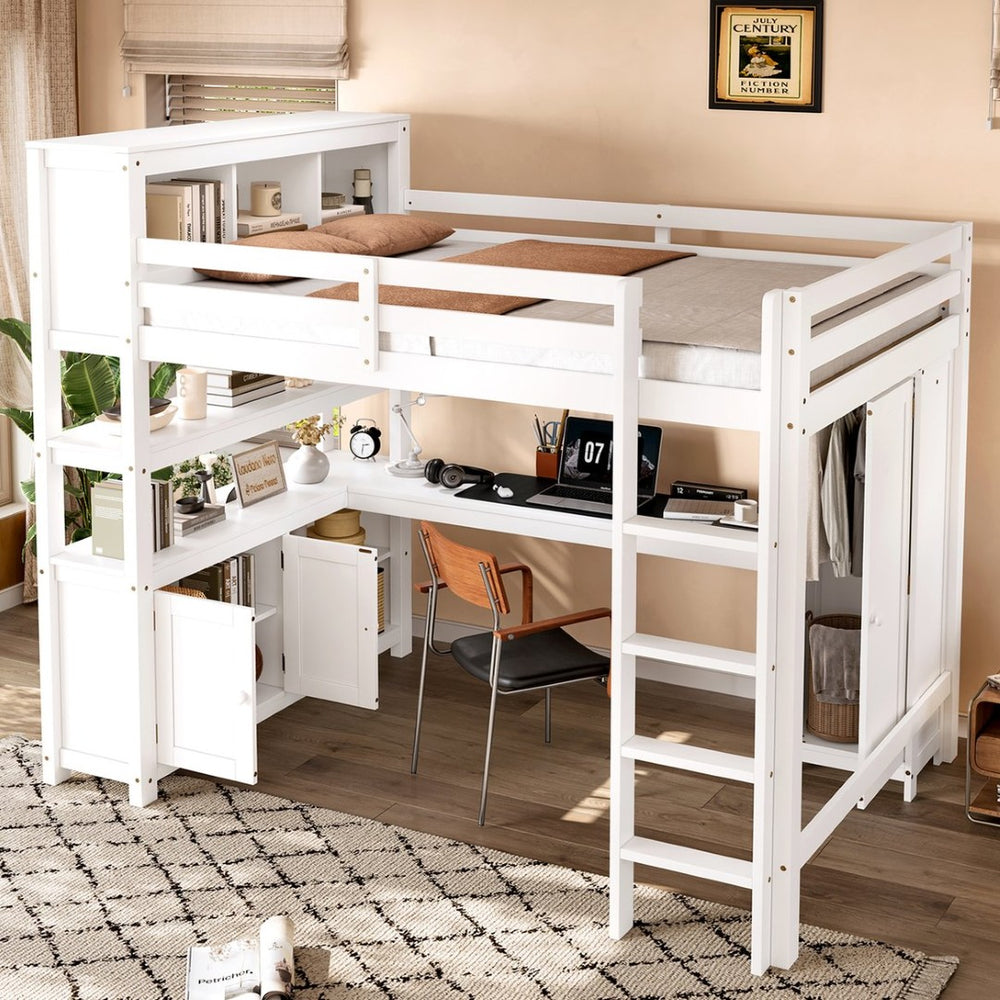 English Elm Full Size Pine Loft Bed House Frame with Slide Bookshelves and Moon Star Rails W1580S00162