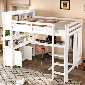 English Elm Full Size Pine Loft Bed House Frame with Slide Bookshelves and Moon Star Rails W1580S00162