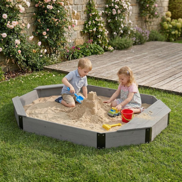 English Elm Octagon Solid Wood Sandbox with Built-in Bench Seating Cover and Liner for Backyard Play Grey W2640P470152