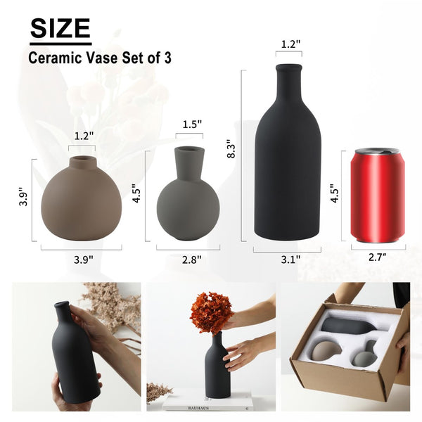 English Elm Rustic Matte Ceramic Vase Trio Neutral Tones Shelf Mantel Farmhouse Boho Decor Black+ Gray W2181P475133