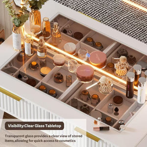 English Elm Vanity Desk With Integrated Mirror & Adjustable Lighting, Elegant Makeup Table With Glass Top & Drawers W3393P315818-GIGA