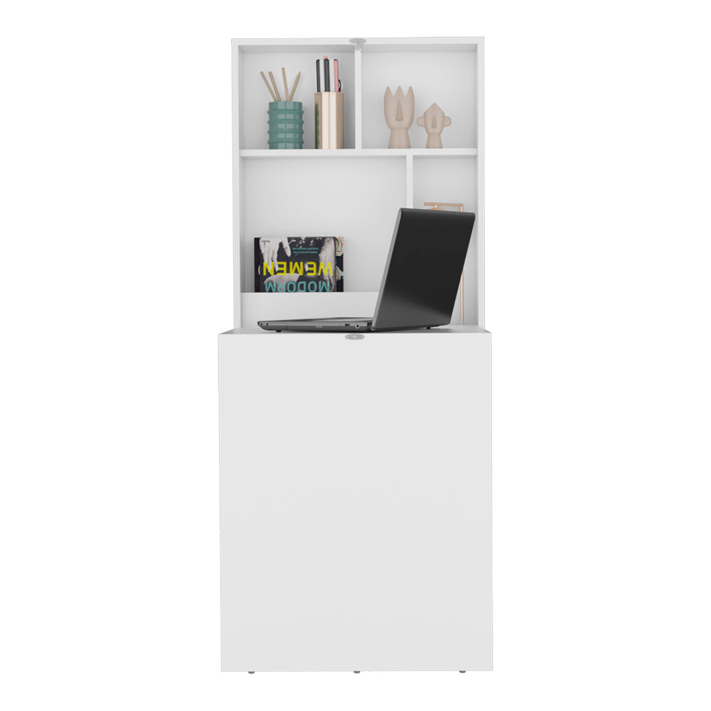 English Elm Virgin Floating Table Wall-Mounted Foldable Desk with 3 Open Shelves, White Engineered Wood, Space-Saving B092P254743