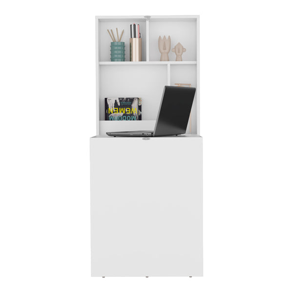 English Elm Virgin Floating Table Wall-Mounted Foldable Desk with 3 Open Shelves, White Engineered Wood, Space-Saving B092P254743