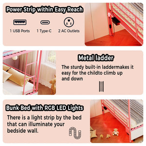 English Elm Bunk Bed Convertible Twin Over Metal Frame with Guardrail for Kids Rooms W3752S00008