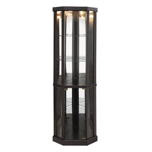English Elm Lighted Corner Curio Cabinet - Stunning Display Case With Built-In Lighting For Antiques & Wine Storage W1758P300102