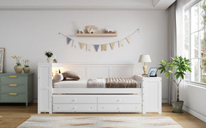 English Elm Full Size Pine Wood Platform Daybed with Led Headboard Desk Storage and Charging White N7090000475K-1