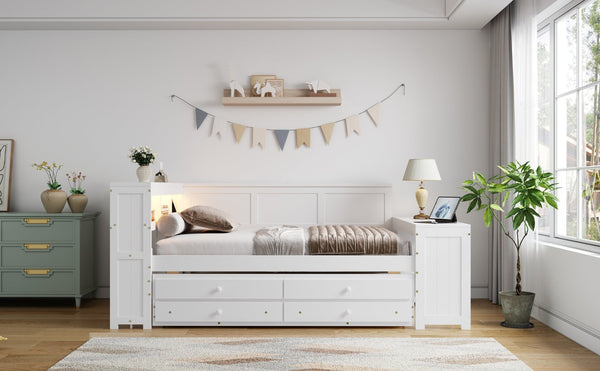English Elm Full Size Pine Wood Platform Daybed with Led Headboard Desk Storage and Charging White N7090000475K-1