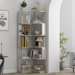 English Elm 6 Tier Freestanding L-Shaped Corner Bookshelf with Anti-Tip, Rounded Corners, 3D Wood Grain Finish Light Gray W2899P372517
