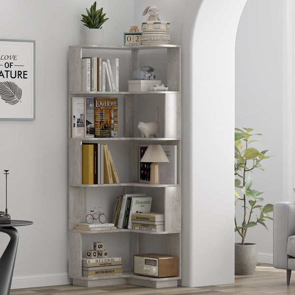 English Elm 6 Tier Freestanding L-Shaped Corner Bookshelf with Anti-Tip, Rounded Corners, 3D Wood Grain Finish Light Gray W2899P372517