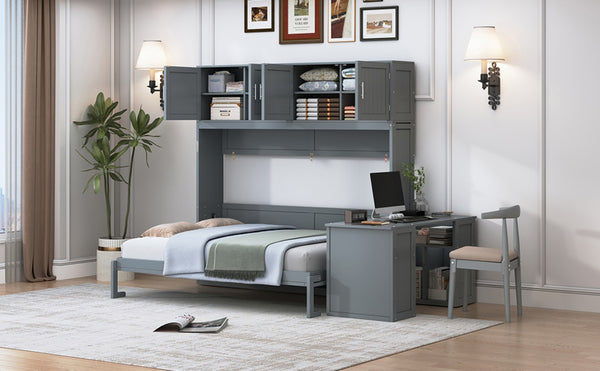 English Elm Queen Size Wall Murphy Bed With Desk, Storage Cabinets & Hydraulic Lift – Elegant Gray Design N820S10034E-GIGA