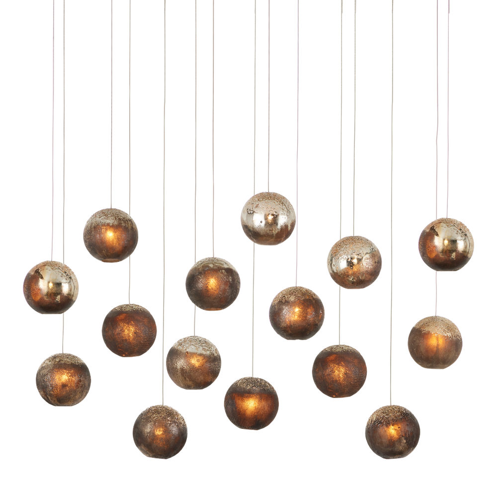 Pathos 15-Light Rectangular Multi-Drop Pendant: Artisan Glass Shades in Antique Gold & Charcoal Finish