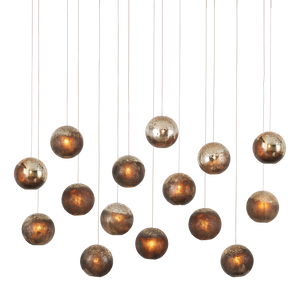 Pathos 15-Light Rectangular Multi-Drop Pendant: Artisan Glass Shades in Antique Gold & Charcoal Finish
