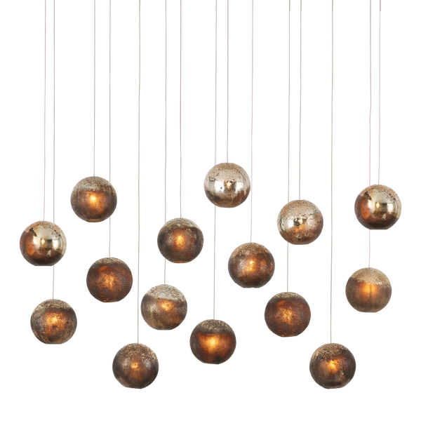 Pathos 15-Light Rectangular Multi-Drop Pendant: Artisan Glass Shades in Antique Gold & Charcoal Finish