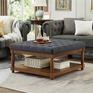 English Elm Large Tufted Linen Square Ottoman with Solid Wood Shelf for Living Room Use Charcoal W2186P379327