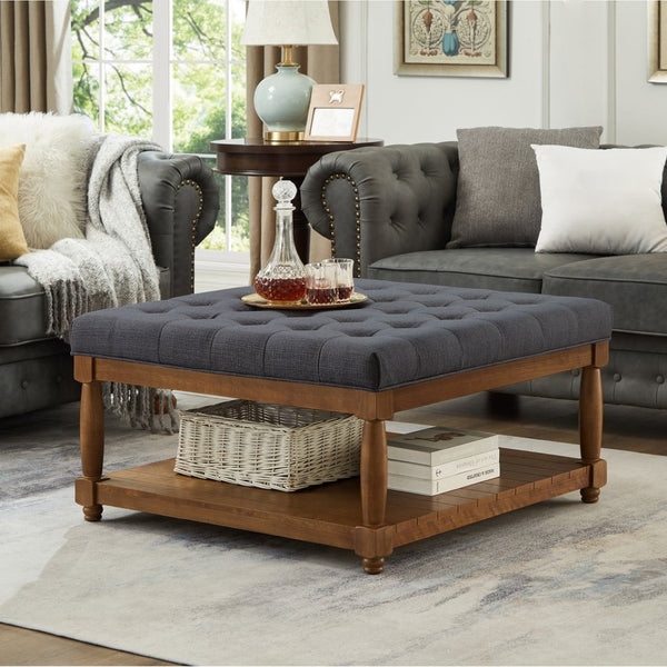 English Elm Large Tufted Linen Square Ottoman with Solid Wood Shelf for Living Room Use Charcoal W2186P379327