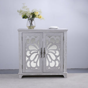 English Elm Elegant Mirrored Sideboard with Butterfly Carved Doors Wood Grain Finish Dining Storage Light Gray W2899P372740