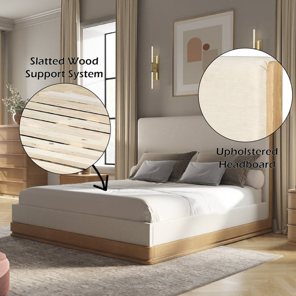 English Elm Zoey Elegant Fabric & Oak Bed Frame with 13 Slats, Wire-Brushed Oak Veneer, 660lb Capacity Beige 87.8 L x 15.75 W x 9.06 H B2726S00521