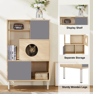 English Elm 2 Modern Cat Tree & Side Cabinet with Litter Box Enclosure, Stylish Wood Bookcase with Hidden Storage, Natural/Grey Elegance N843P254701N