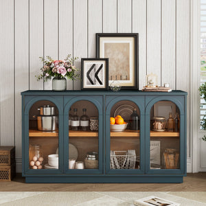 English Elm TREXM 4-Door Large Storage Buffet Cabinet with Glass Doors, Adjustable Shelves and Cable Port Navy N715P247544M
