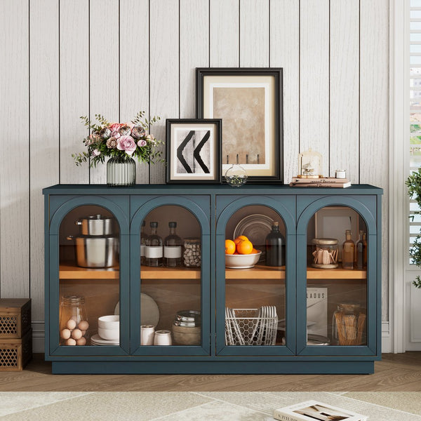 English Elm TREXM 4-Door Large Storage Buffet Cabinet with Glass Doors, Adjustable Shelves and Cable Port Navy N715P247544M