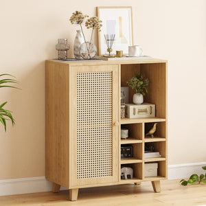 English Elm Rattan Cane Front Sideboard with Drawers Adjustable Shelf Bohemian Storage Cabinet Natural T3623P434759