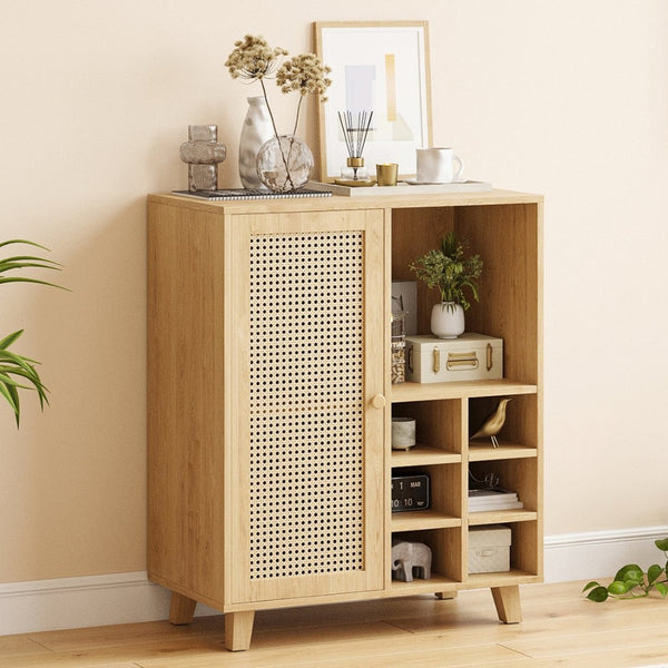 English Elm Rattan Cane Front Sideboard with Drawers Adjustable Shelf Bohemian Storage Cabinet Natural T3623P434759
