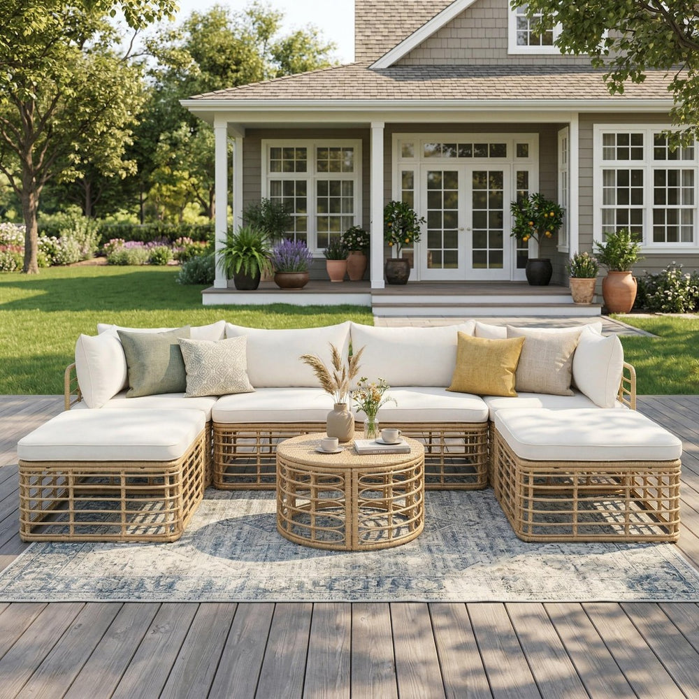 English Elm Go Modular Outdoor Sectional Set Pe Rattan Patio Sofa with Round Coffee Table FG201233AAA