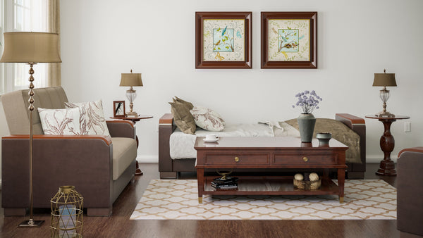 English Elm PrimeNest ZenAero Upholstered Wood Trim Convertible Sofabed with Storage, Click-Click Sleeper Comfort Brown+Sand B030P286536