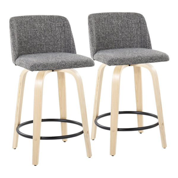 English Elm Toriano 24" Contemporary Fixed-Height Swivel Counter Stools Set of 2 — Padded Fabric Seat, Wood Legs, Built-In Metal Footrest Grey B202S00110