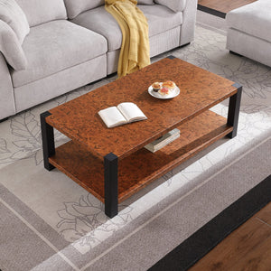 English Elm 51-inch Burl Rectangular Coffee Table with Metal Burl Wood Top, Matte Black Double-Layer Frame — Durable Modern Living Room Centerpiece W1567P218028